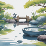 bassin japonais jardin zen avec pierres, plantes, koi, pont et lanterne