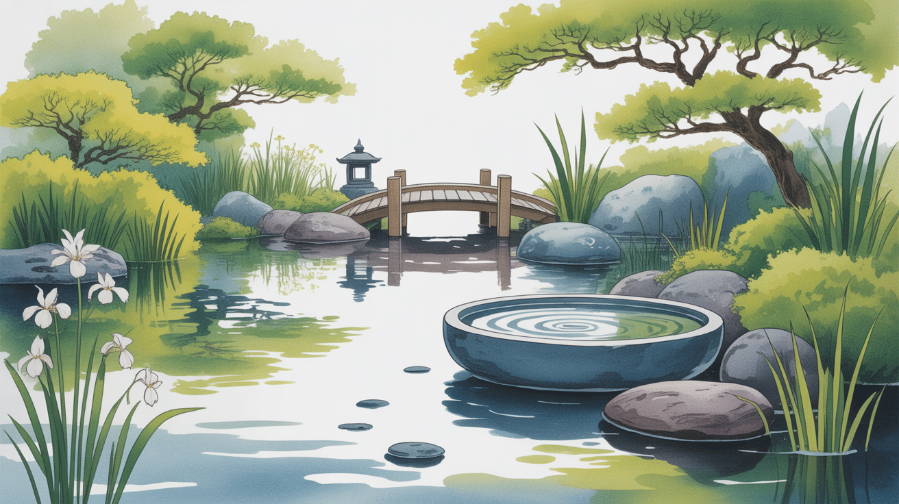 bassin japonais jardin zen avec pierres, plantes, koi, pont et lanterne