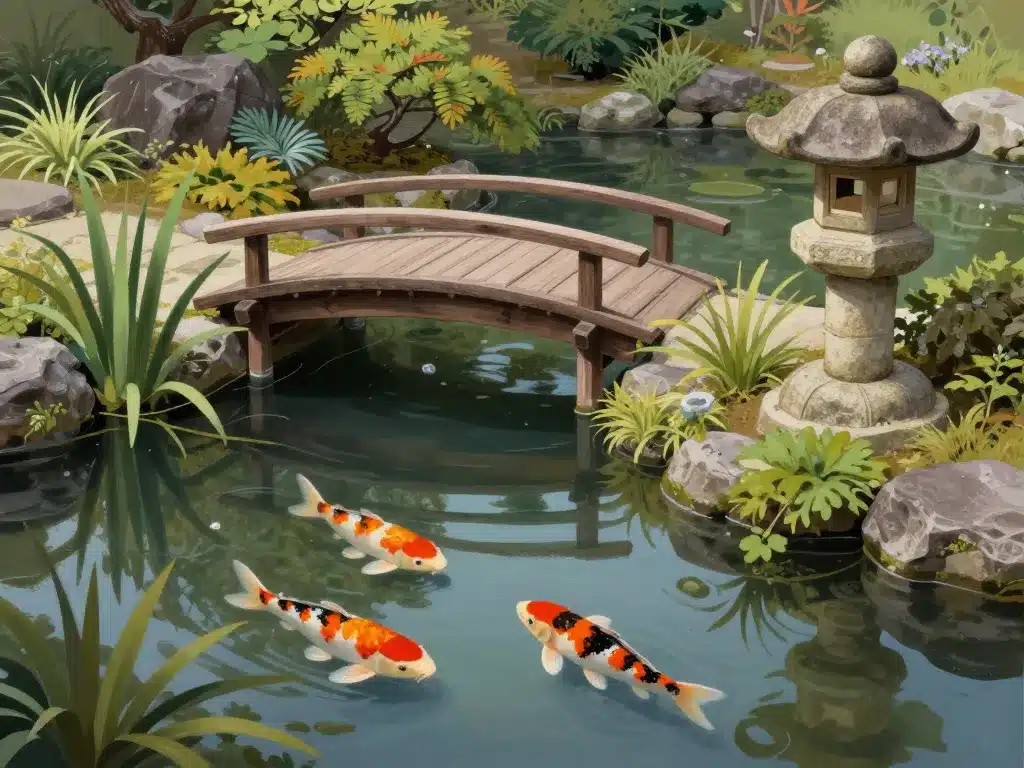 bassin japonais avec plantes koï pont lanterne ambiance zen