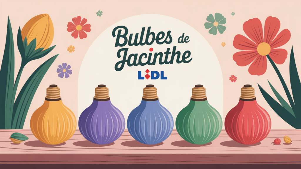 Bulbes jacinthe lidl colorés sur présentoir, illustration lumineuse
