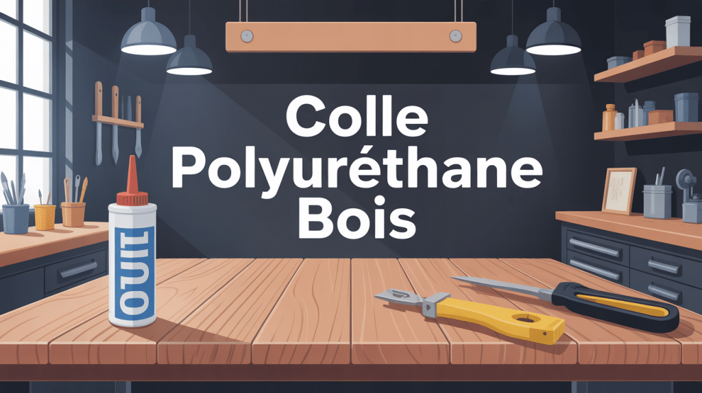 illustration colle polyuréthane bois avec outils et cartouche sur table