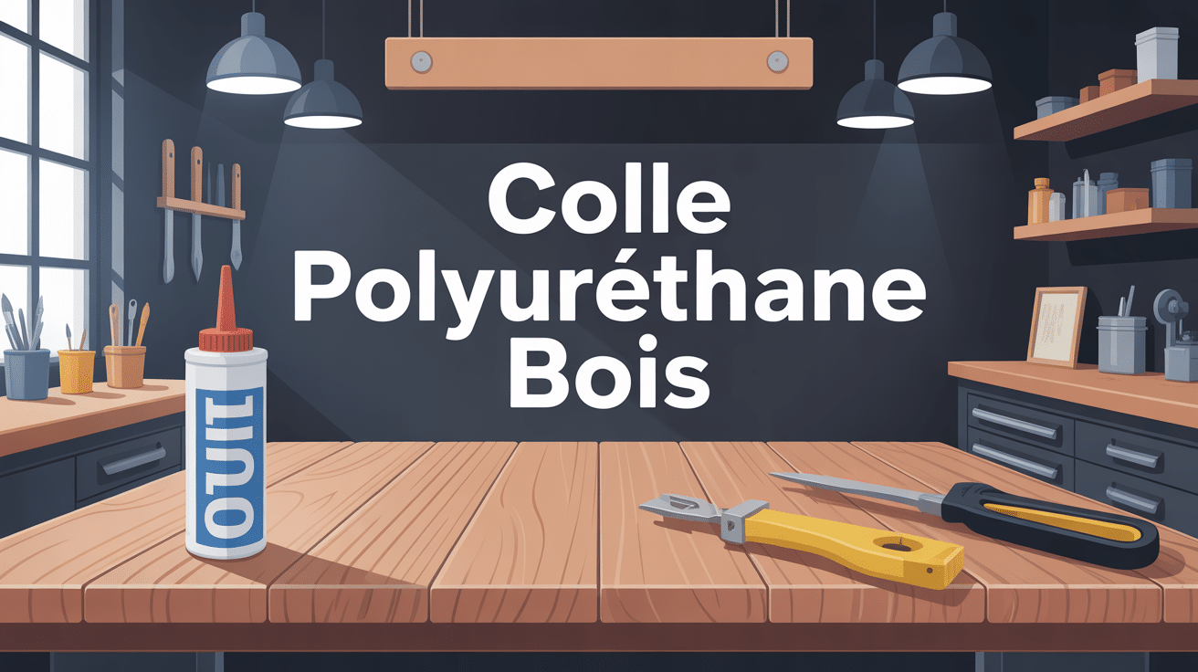 illustration colle polyuréthane bois avec outils et cartouche sur table