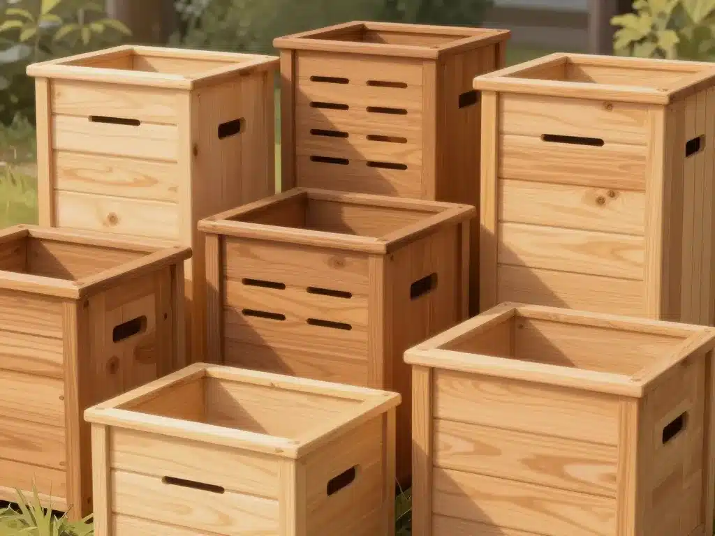 différents composteurs en bois montrés à l’extérieur