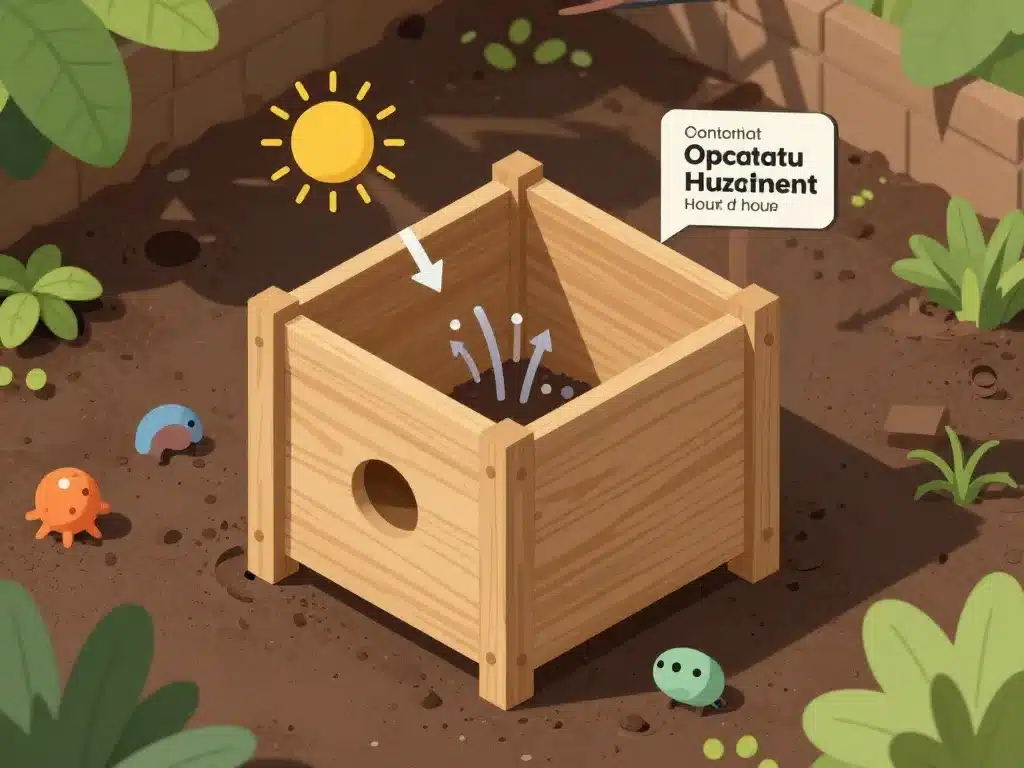 composteur en bois bien placé avec schéma aération et luminosité