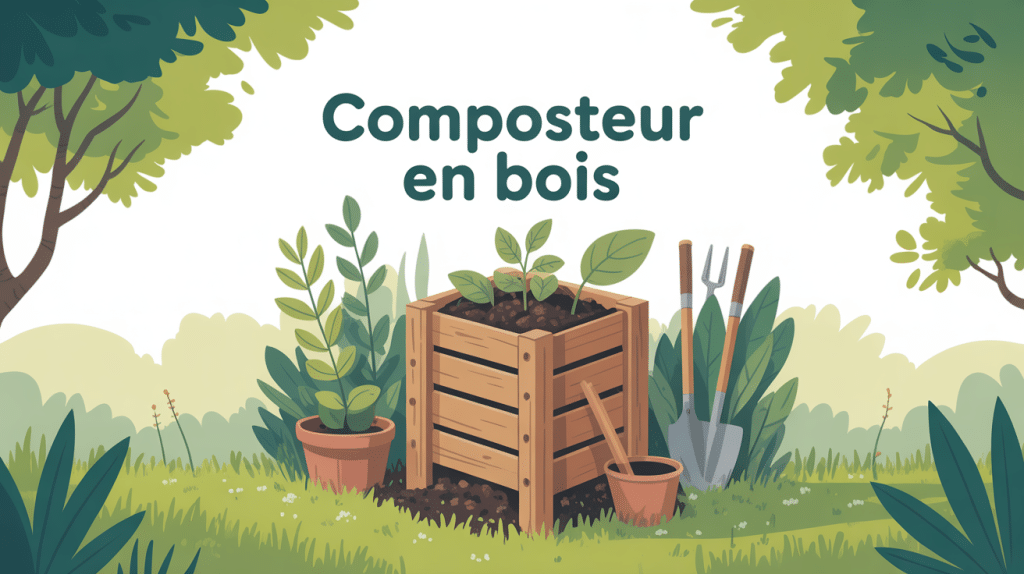 composteur en bois entouré de plantes dans jardin