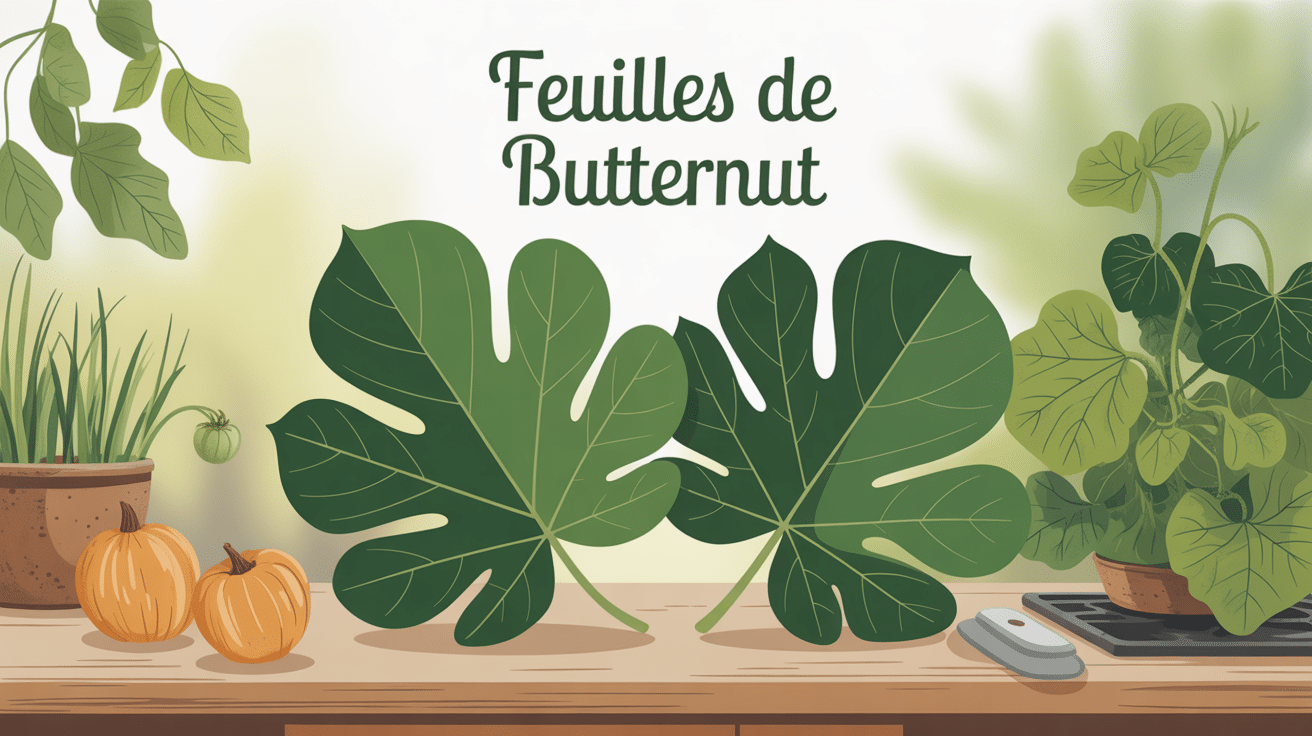 illustration feuille de butternut grande verte sur table cuisine et potager