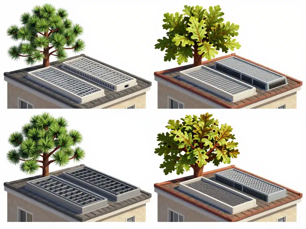 scène filtres pour gouttière adaptés selon types de toit et arbres