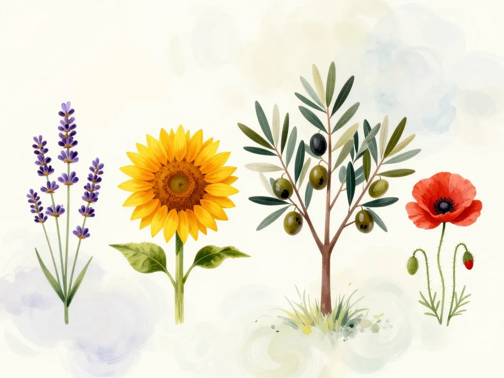 Fleur sud lavande tournesol olivier coquelicot symboles