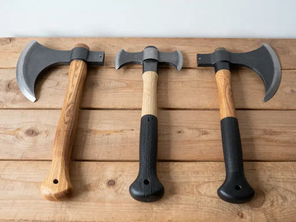 trois hachettes vikings différences bois composite métal et lame