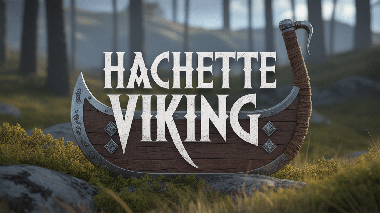 hachette viking posée sur souche en forêt nordique avec motifs runiques