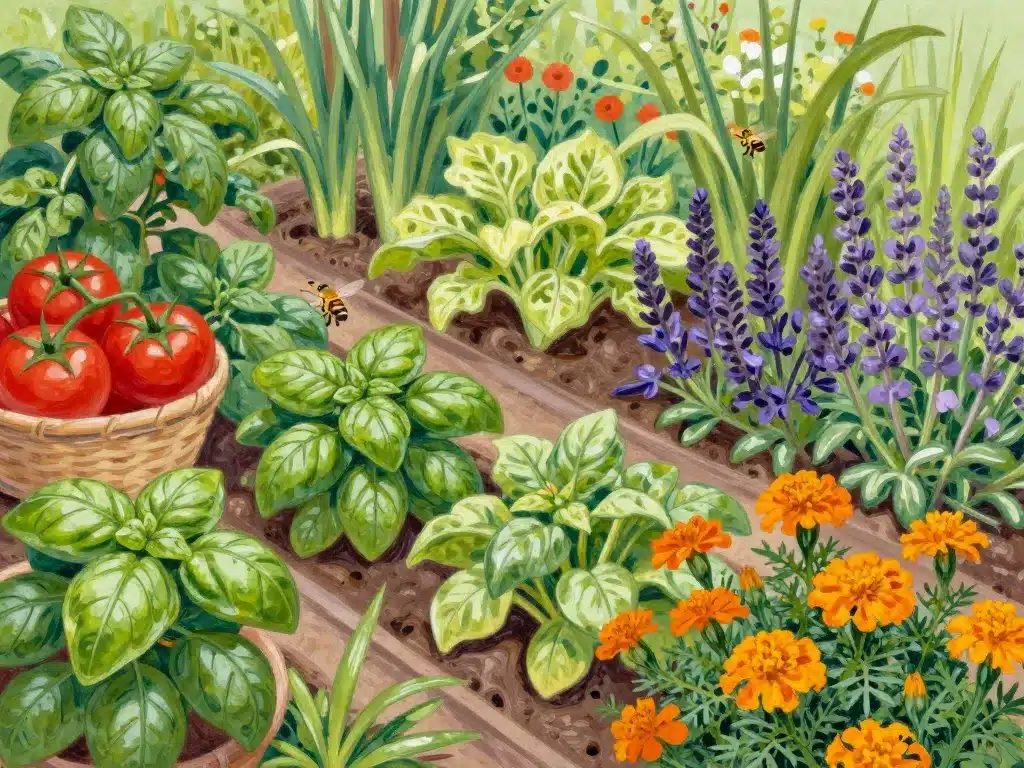 scène biodiversité plan de potager permaculture légumes et fleurs en associations