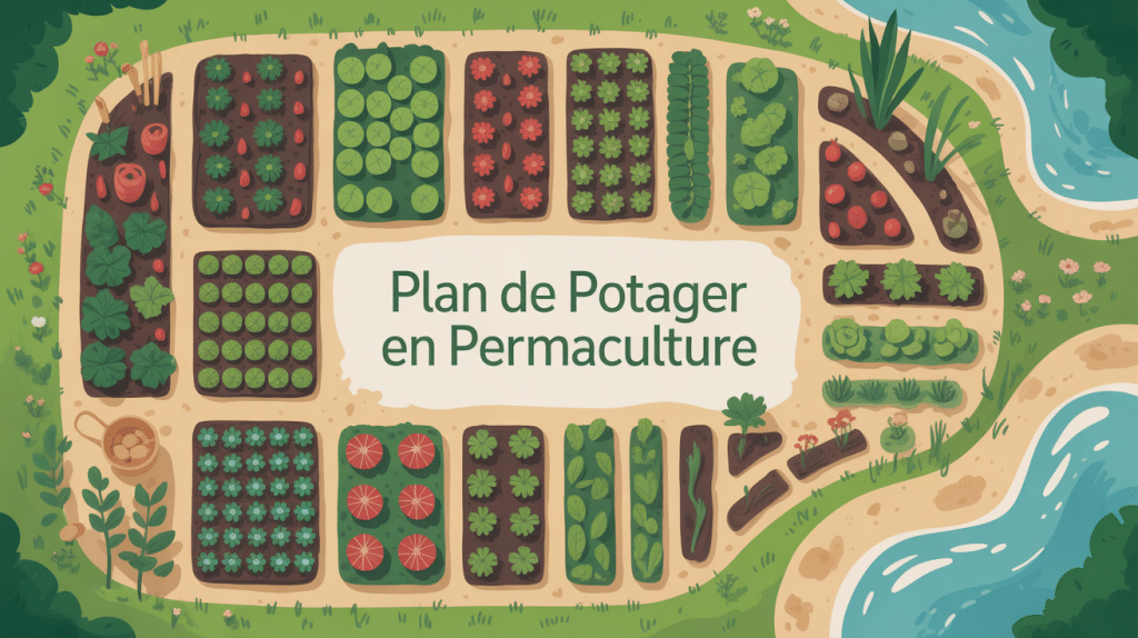 vue aérienne plan de potager permaculture zones et éléments naturels