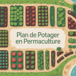 vue aérienne plan de potager permaculture zones et éléments naturels