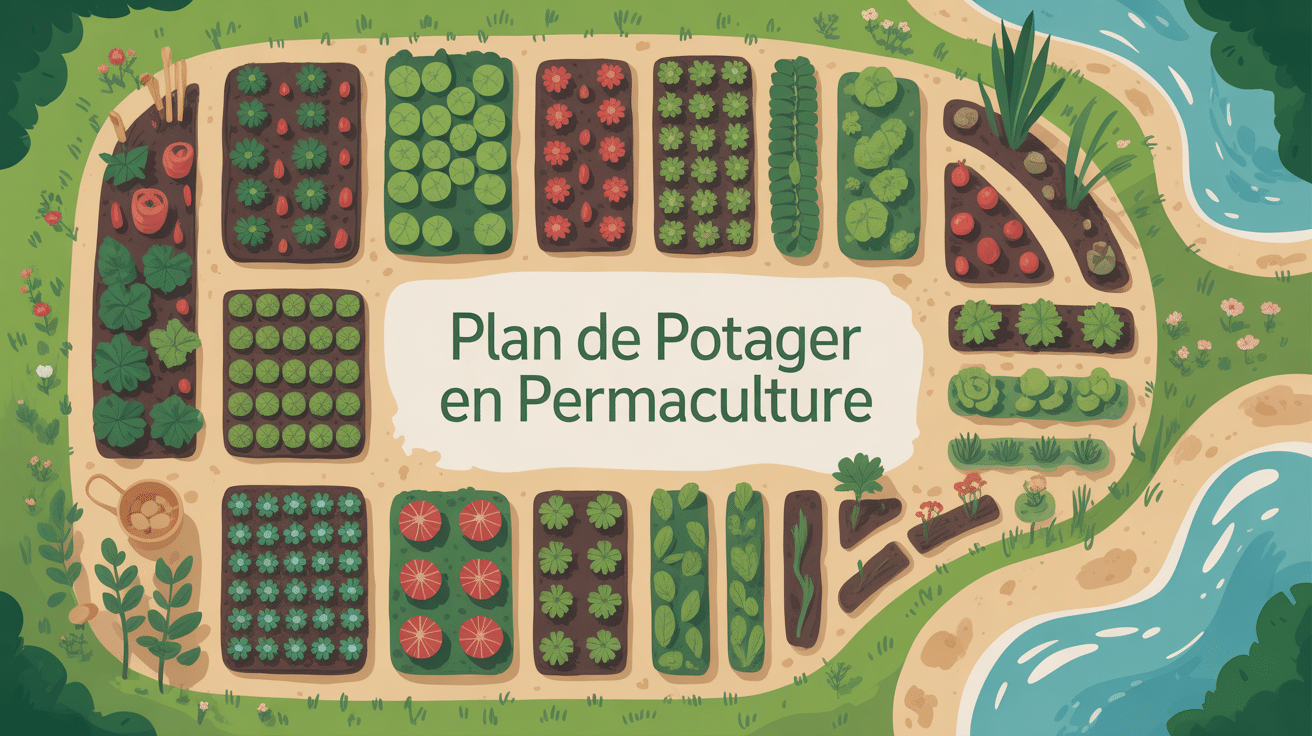 vue aérienne plan de potager permaculture zones et éléments naturels