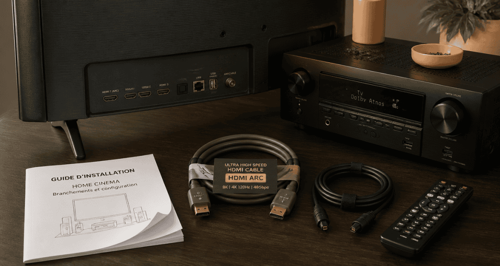 Branchement home cinema avec câbles HDMI et optique