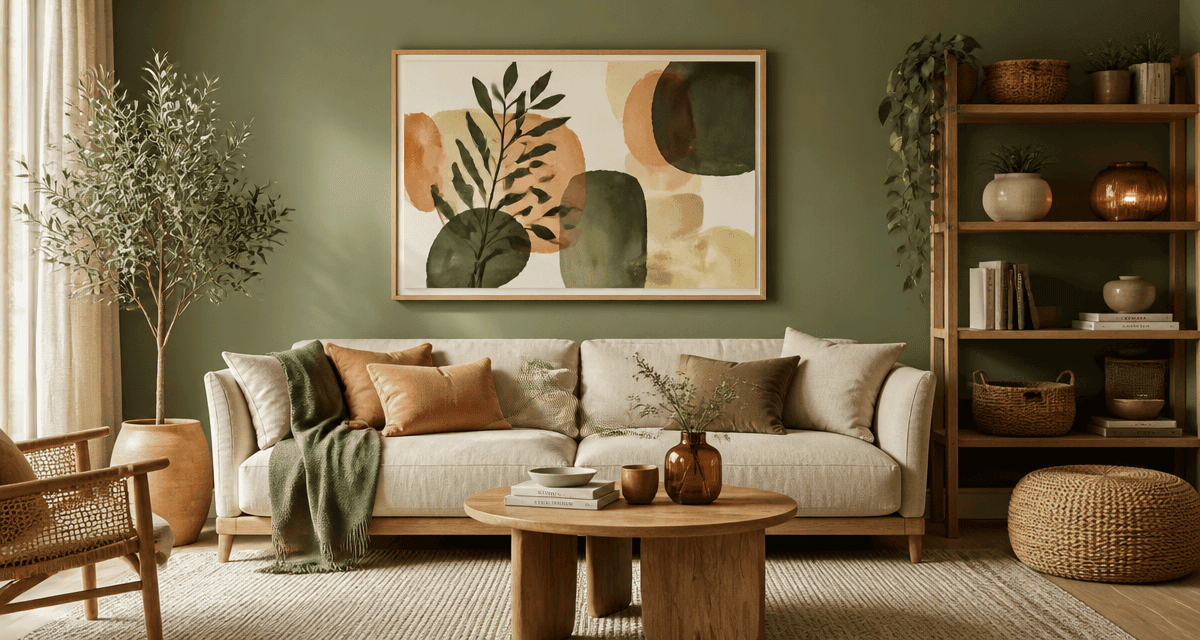 decoration murale vert sauge avec tableau japandi