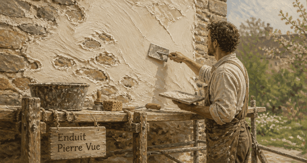 enduit pierre vue application façade