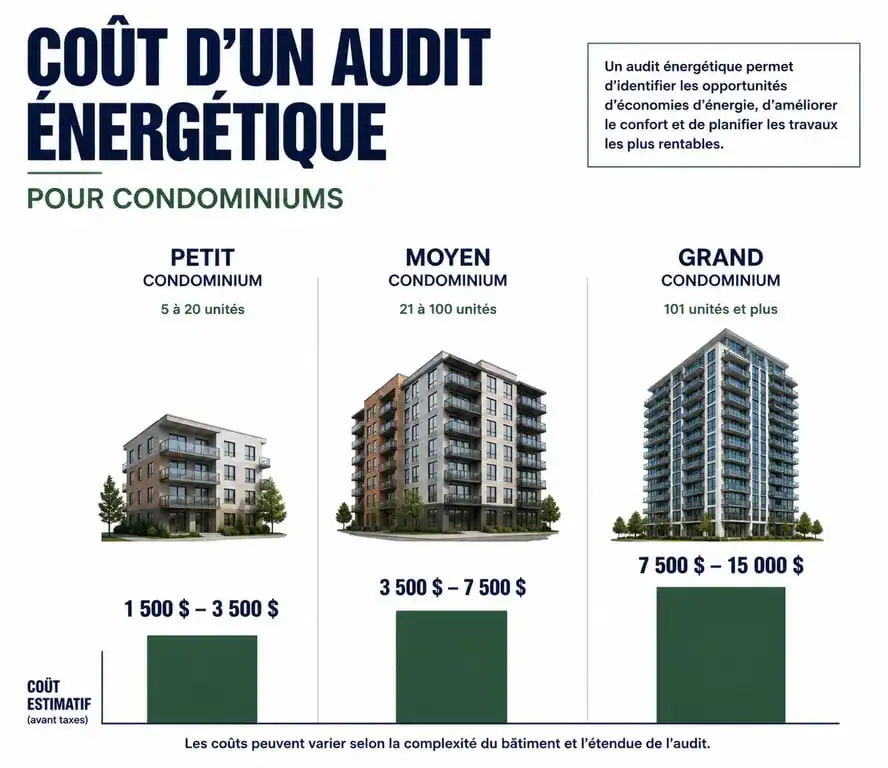 Infographie des coûts moyens d'un audit énergétique en copropriété selon la taille de l'immeuble