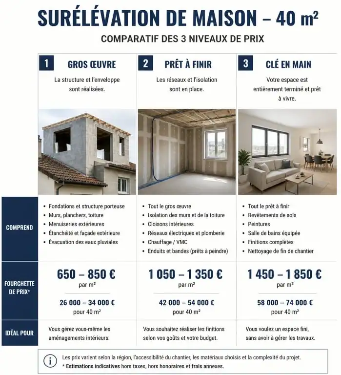 Graphique comparatif des prix pour une surélévation de maison de 40m2 selon le niveau de finition