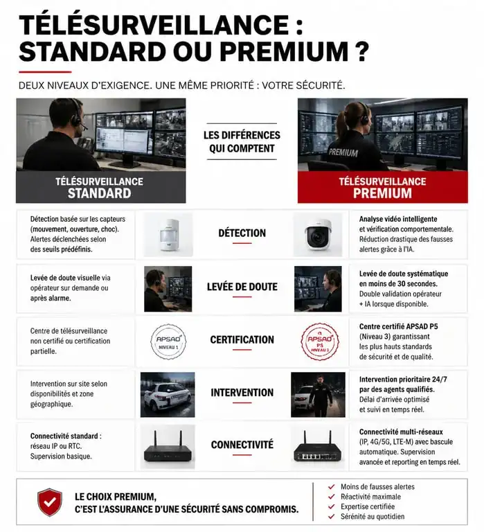Infographie comparative des offres d'abonnement télésurveillance standard et premium pour sécuriser son domicile