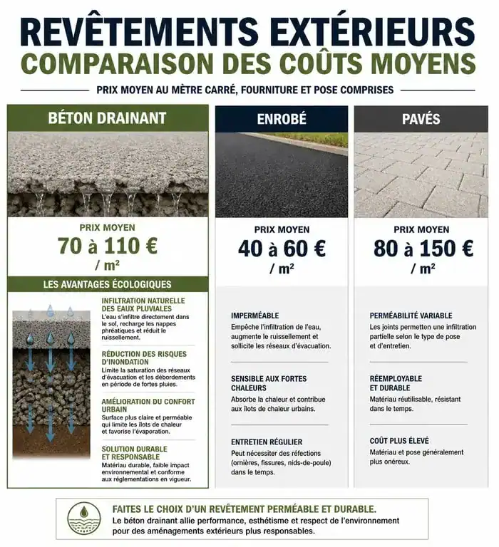 Comparatif des prix au m2 entre béton drainant, enrobé et pavés pour un projet d'aménagement extérieur.