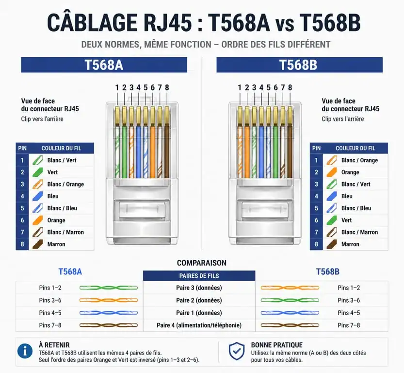Schéma des normes de câblage RJ45 T568A et T568B pour branchement réseau