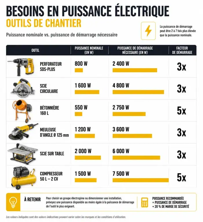 Infographie des puissances recommandées pour groupe électrogène de chantier