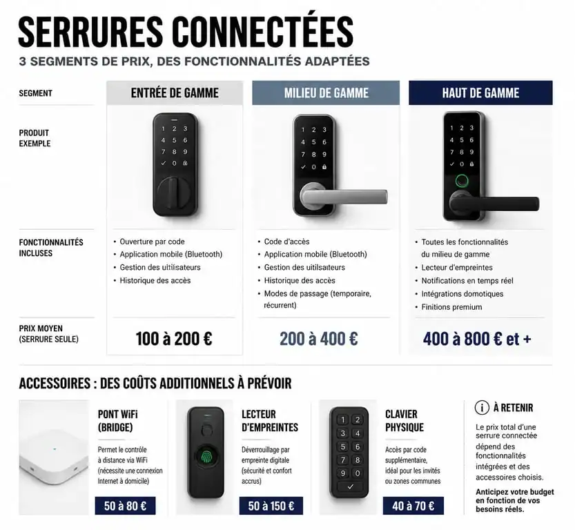 Infographie récapitulative des prix et des options pour les serrures connectées