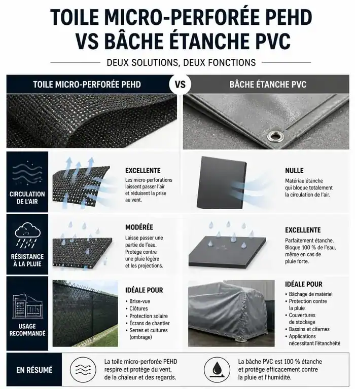 Comparatif des bâches d'ombrage : toile micro-perforée PEHD vs bâche étanche PVC pour terrasse