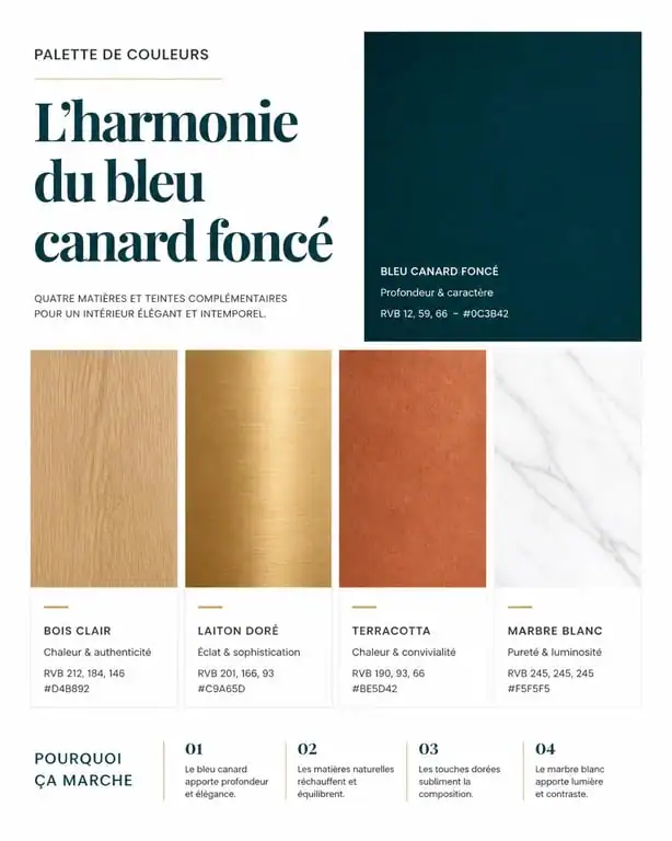 Palette de couleurs et matériaux pour accompagner le bleu canard foncé en décoration intérieure
