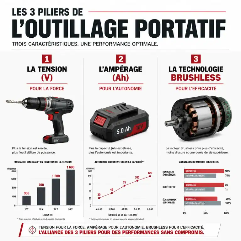 Infographie des piliers de performance de l'outillage portatif : tension, ampérage et moteur brushless