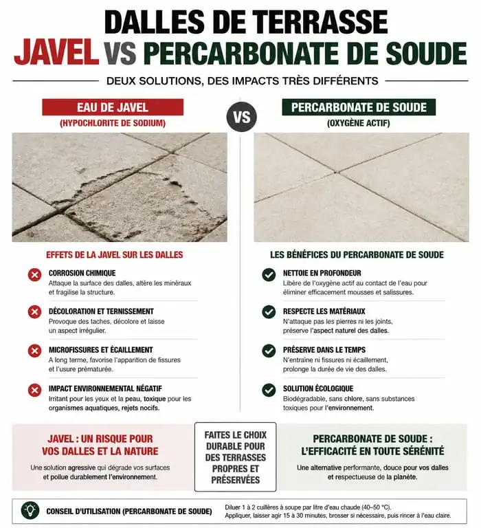 Comparatif nettoyage dalle terrasse javel vs percarbonate de soude