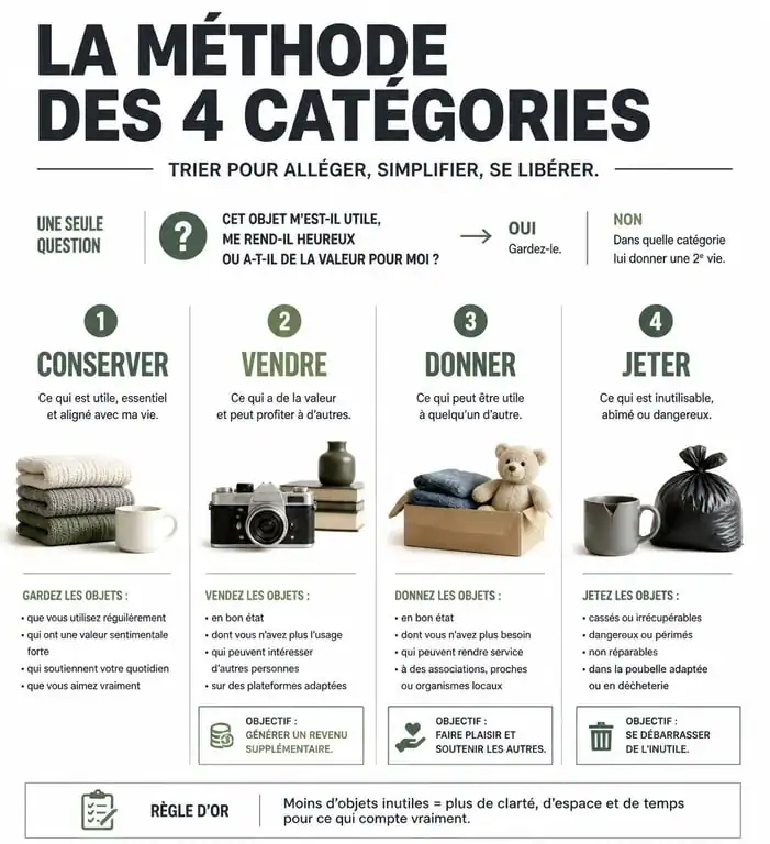 Infographie de la méthode des quatre piles pour vider une maison : Conserver, Vendre, Donner, Jeter