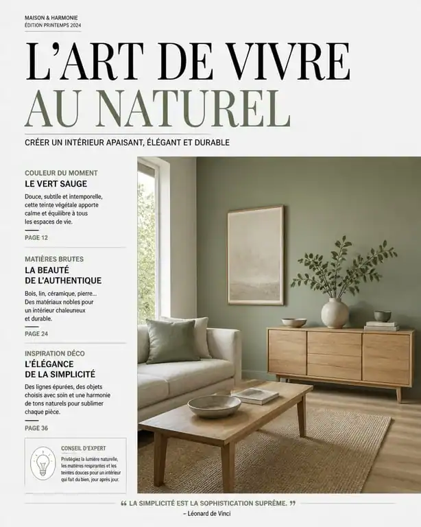 Décoration murale vert sauge avec mobilier en bois clair dans un salon moderne