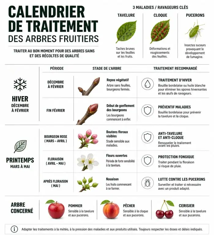 Calendrier annuel de traitement des arbres fruitiers pour prévenir les maladies et parasites