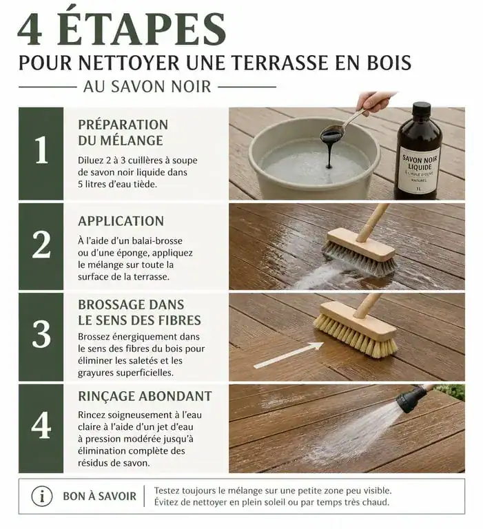 Infographie des étapes de nettoyage d'une terrasse en bois au savon noir