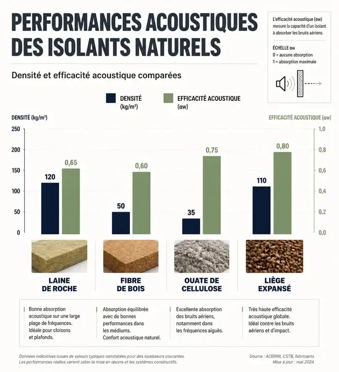 Comparatif des performances des meilleurs isolants phoniques : laine de roche, fibre de bois, ouate de cellulose et liège expansé pour une isolation acoustique efficace.