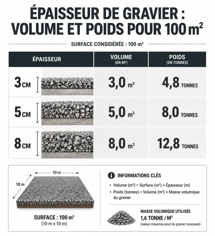 Infographie calcul volume gravier pour 100m2