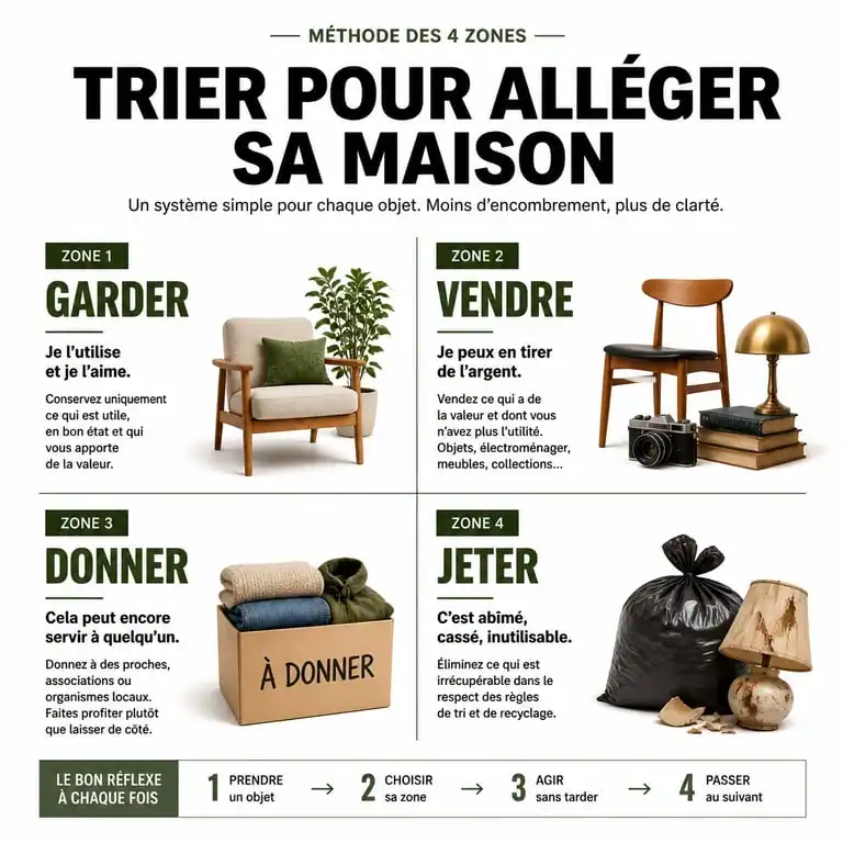 Méthode de tri sélectif pour le vidage maison : garder, vendre, donner, jeter