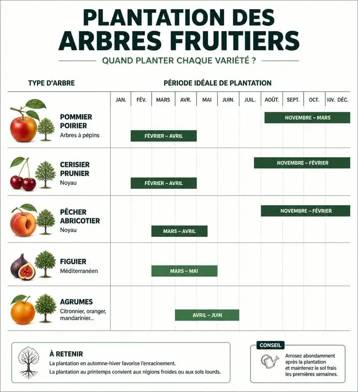 Infographie des périodes de plantation des arbres fruitiers selon l'espèce
