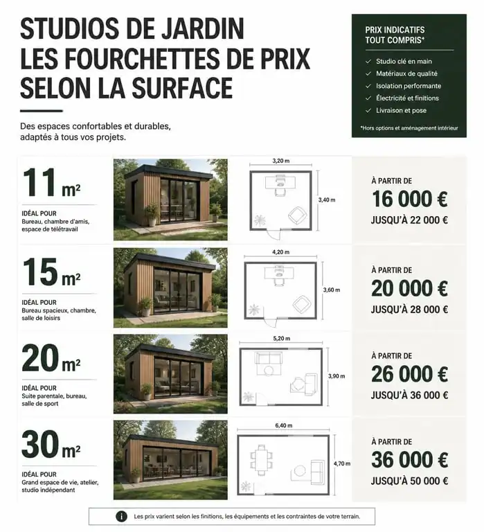 Infographie des prix des studios de jardin Greenkub par surface habitable