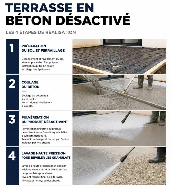 Étapes de réalisation d'une terrasse en béton désactivé : préparation, coulage, désactivation et lavage.