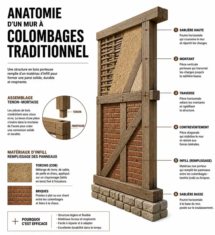 Schéma technique de l'anatomie d'une maison à colombages