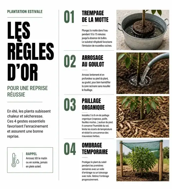 Infographie des règles d'or pour réussir la plantation de fleurs en juillet et août