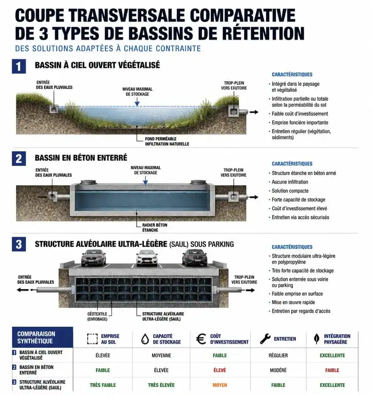 Comparatif des types de bassins de rétention : ciel ouvert, béton enterré et structures alvéolaires (SAUL)