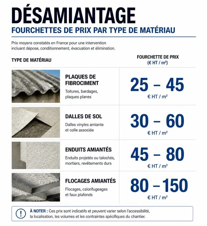 Infographie des prix du désamiantage par type de matériau pour estimer le coût de vos travaux.