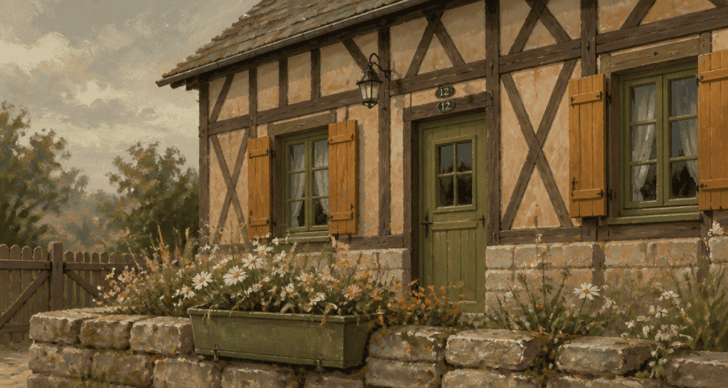 façade colombage maison avec pans de bois et torchis