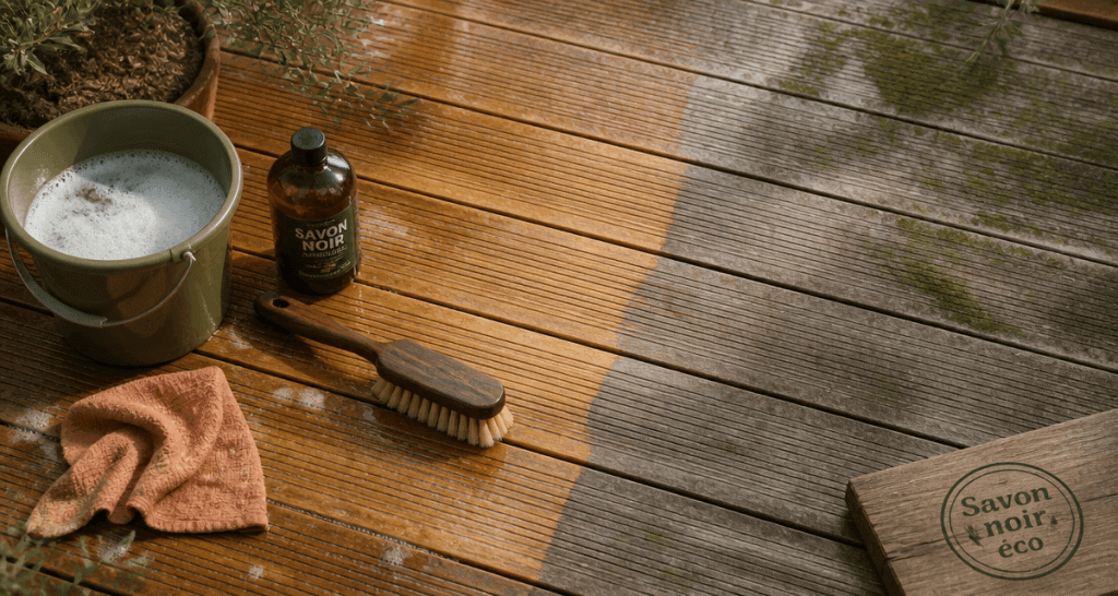 nettoyage terrasse bois savon noir avant après