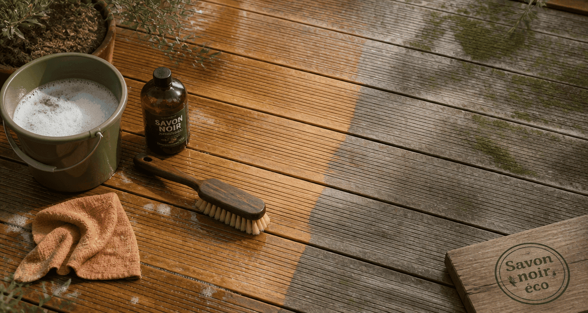 nettoyage terrasse bois savon noir avant après