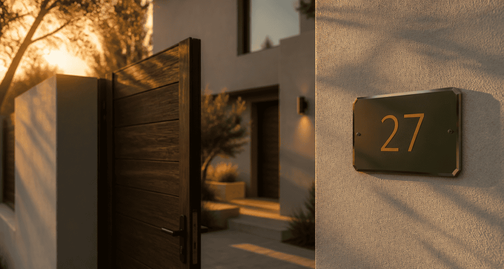 numero de maison design sur portail bois et mur contemporain